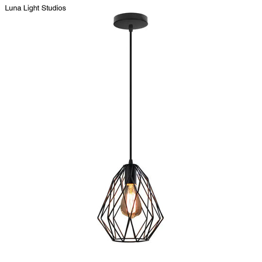 Industrial Diamond Cage Pendant Light In Black Finish - Perfect For Dining Room Ceilings