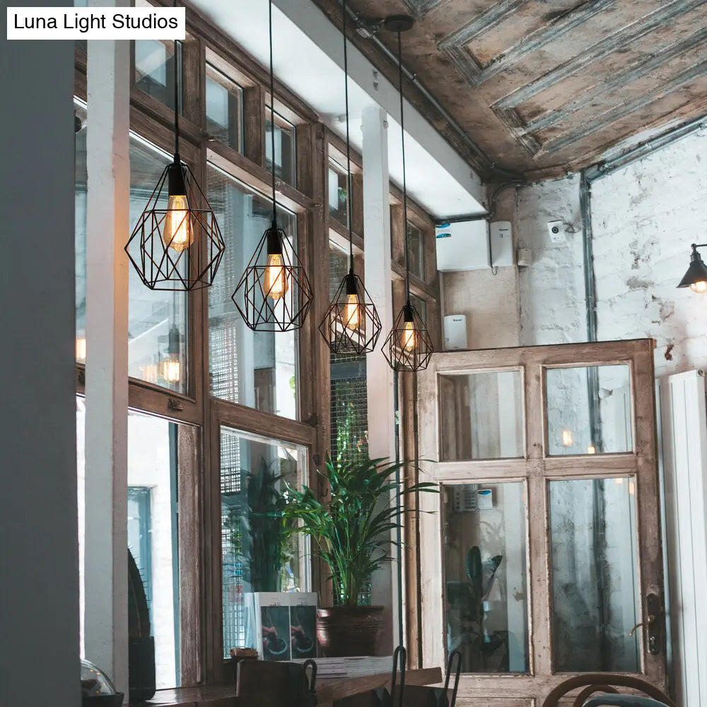 Industrial Diamond Cage Pendant Light In Black: 1-Light Fixture For Dining Room Ceiling Black / B