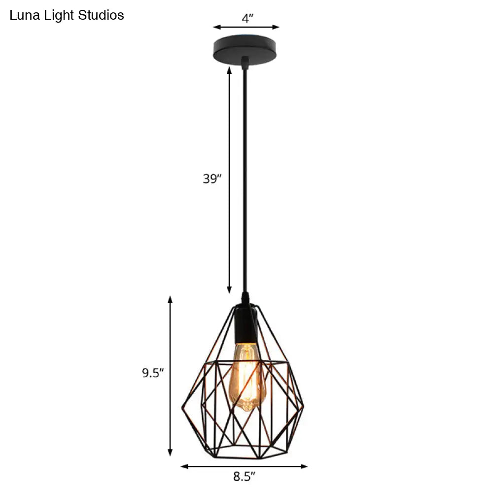 Industrial Diamond Cage Pendant Light In Black Finish - Perfect For Dining Room Ceilings