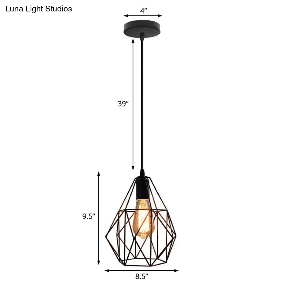 Industrial Diamond Cage Pendant Light In Black: 1-Light Fixture For Dining Room Ceiling