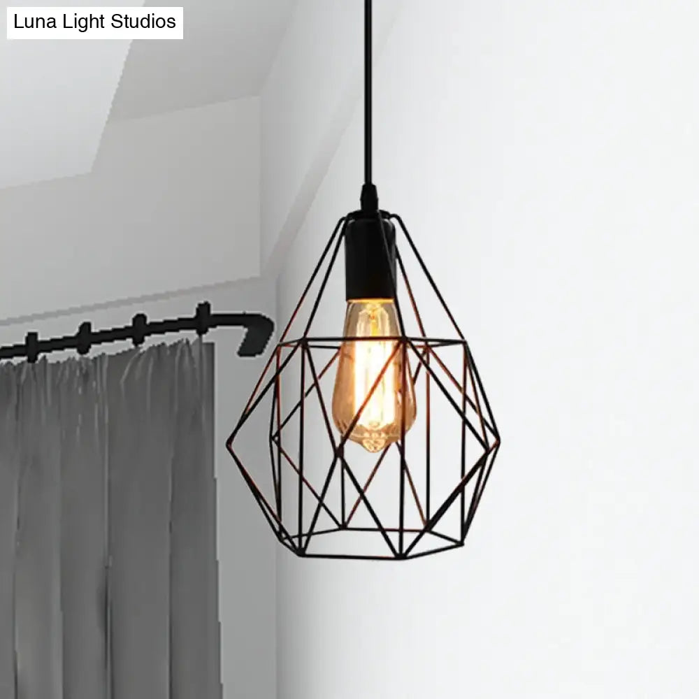 Industrial Diamond Cage Pendant Light In Black Finish - Perfect For Dining Room Ceilings