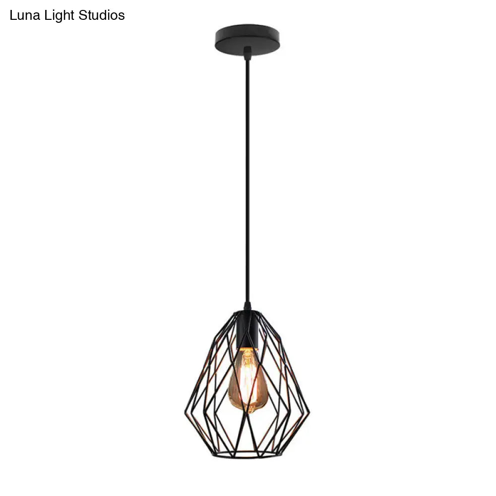 Industrial Diamond Cage Pendant Light In Black: 1-Light Fixture For Dining Room Ceiling