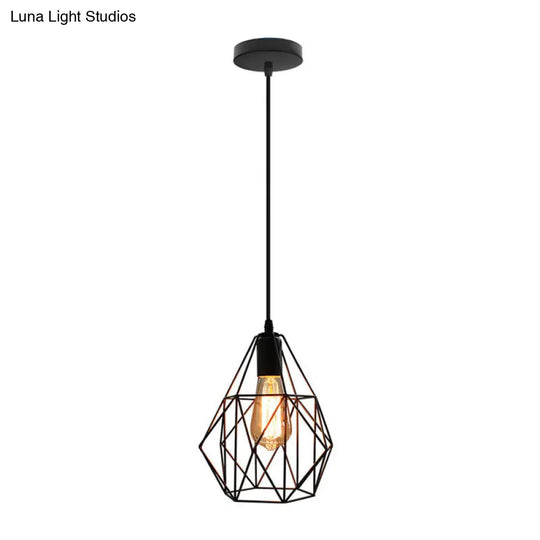 Industrial Diamond Cage Pendant Light In Black: 1-Light Fixture For Dining Room Ceiling