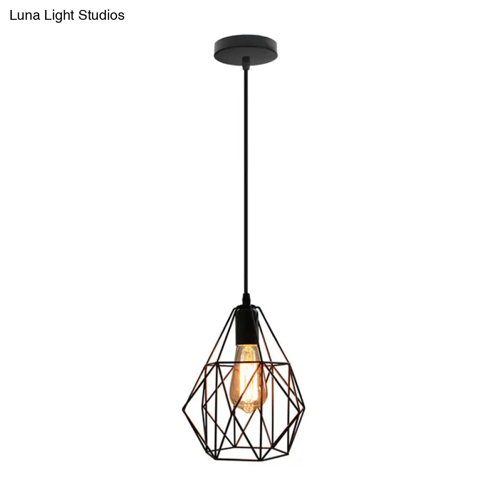 Industrial Diamond Cage Pendant Light In Black Finish - Perfect For Dining Room Ceilings