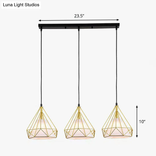 Industrial Diamond Cage Multi-Light Pendant - 3 Heads Iron Hanging Lighting For Dining Room Gold /