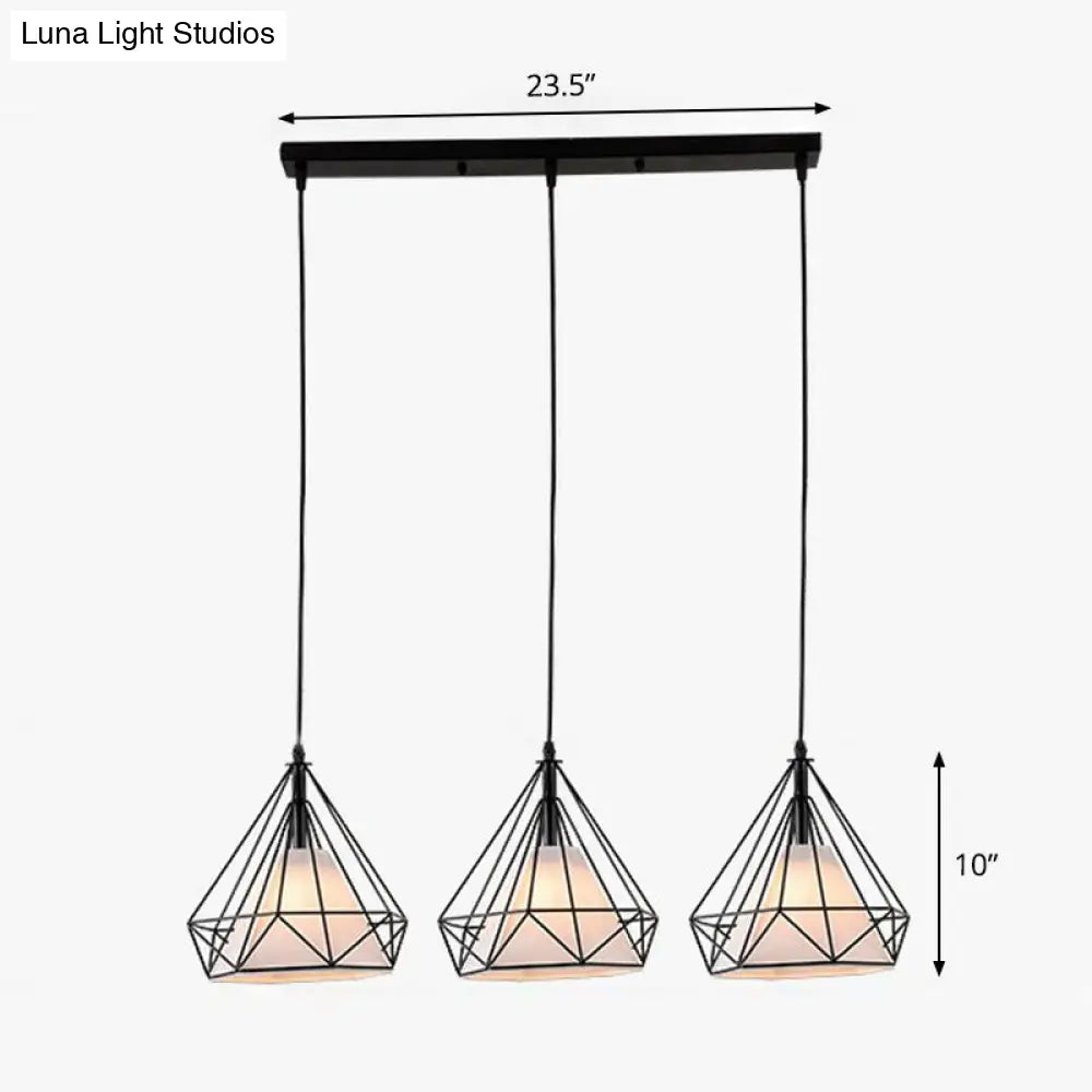 Industrial Diamond Cage Multi-Light Pendant - 3 Heads Iron Hanging Lighting For Dining Room Black /