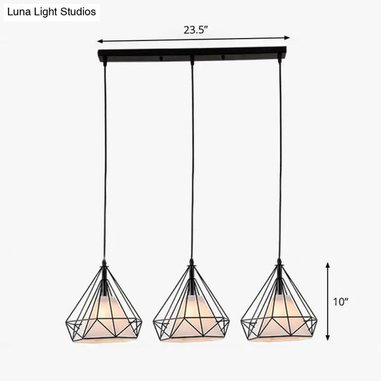 Industrial Diamond Cage Multi-Light Pendant - 3 Heads Iron Hanging Lighting For Dining Room Black /
