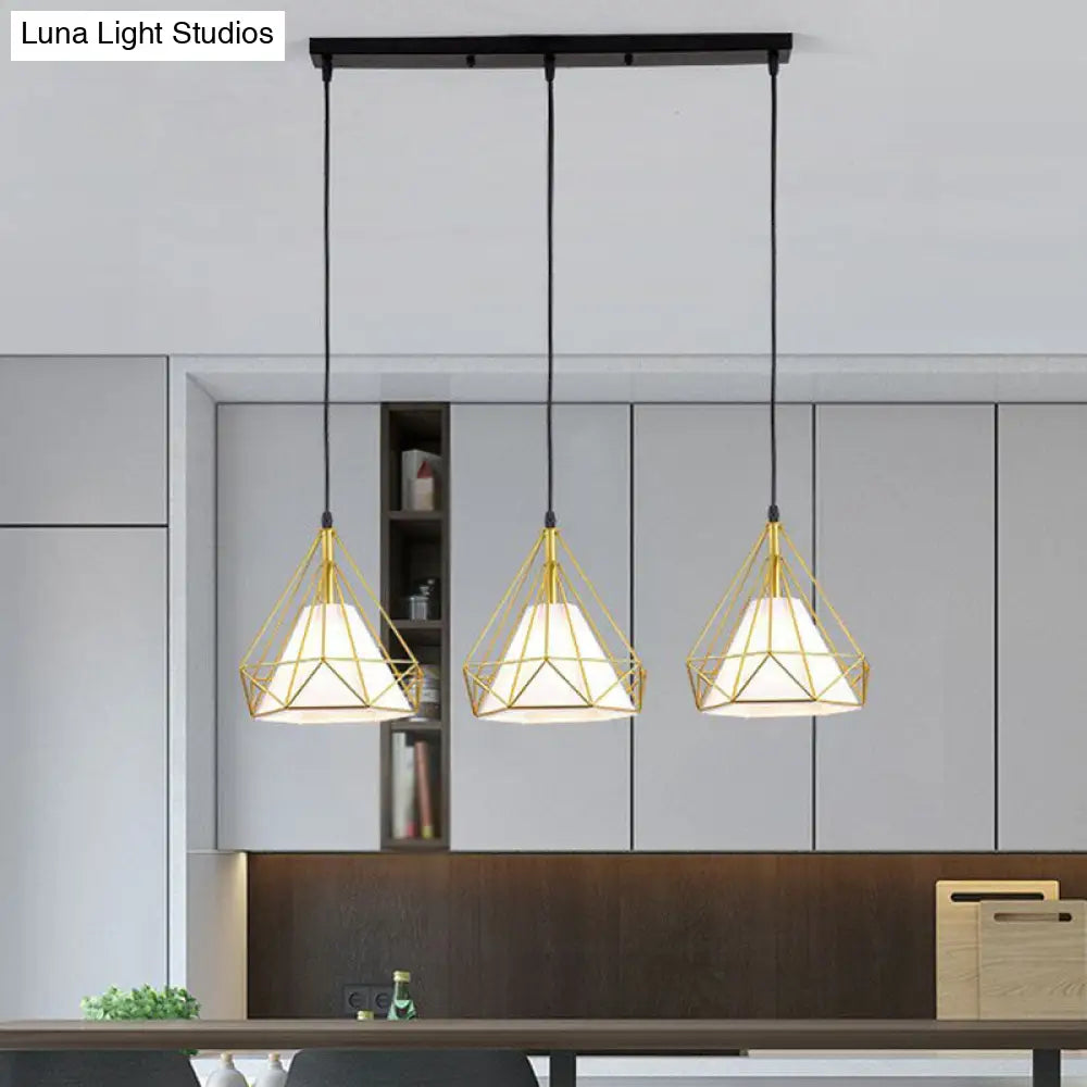 Industrial Diamond Cage Multi-Light Pendant - 3 Heads Iron Hanging Lighting For Dining Room