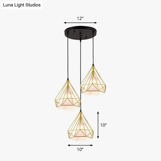 Industrial Diamond Cage Multi-Light Pendant - 3 Heads Iron Hanging Lighting For Dining Room Gold /