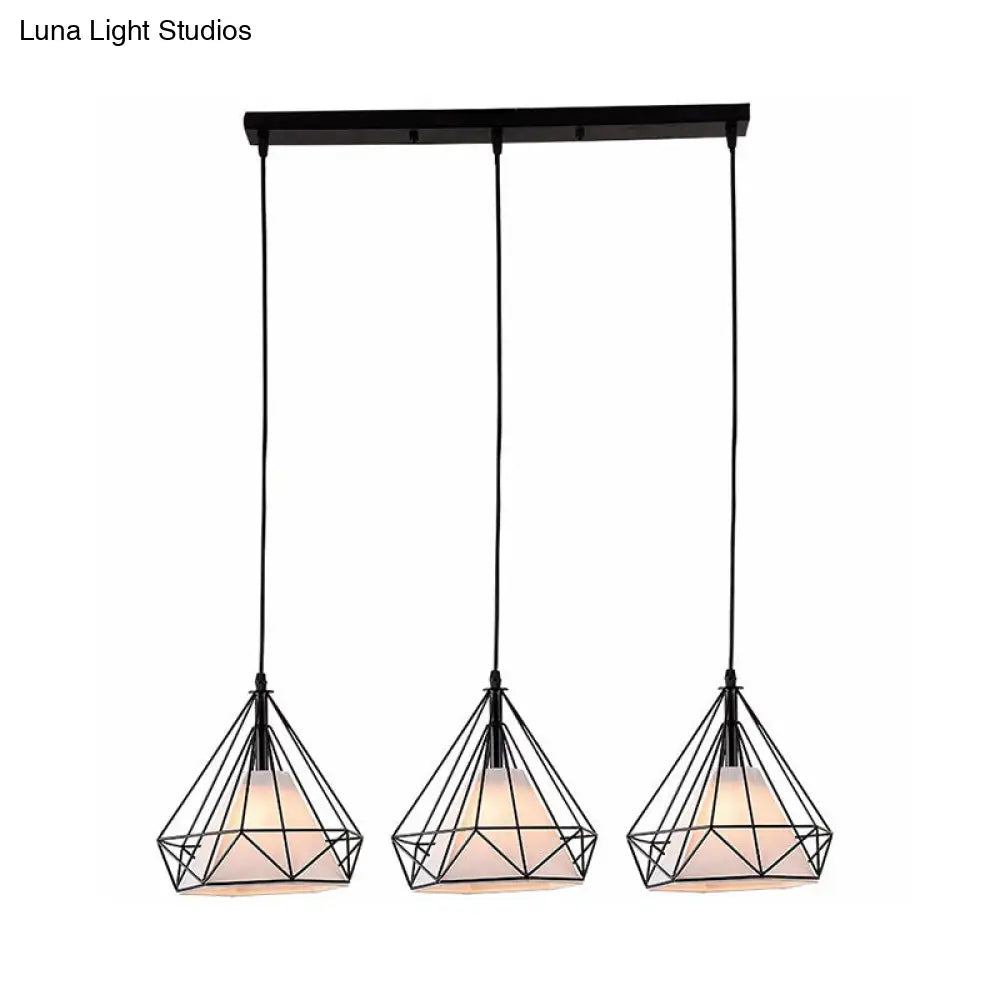 Industrial Diamond Cage Pendant Light With 3 Iron Heads - Stylish Lighting For Dining Room