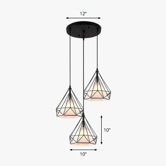 Industrial Diamond Cage Pendant Light With 3 Iron Heads - Stylish Lighting For Dining Room Black /