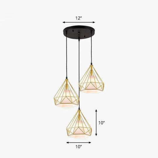 Industrial Diamond Cage Pendant Light With 3 Iron Heads - Stylish Lighting For Dining Room Gold /