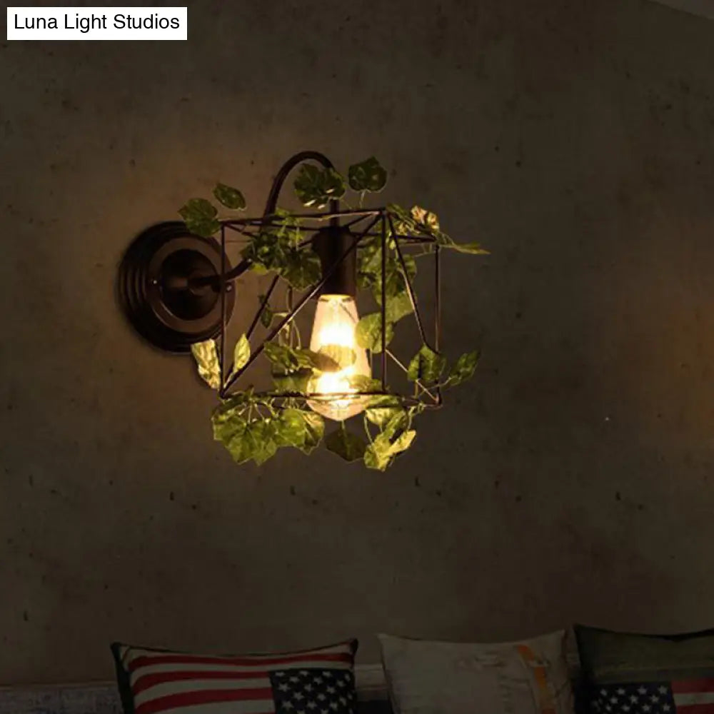 Industrial Diamond/Globe/Square Metal Led Wall Lamp Sconce In Black With Plant - 1 Light Fixture