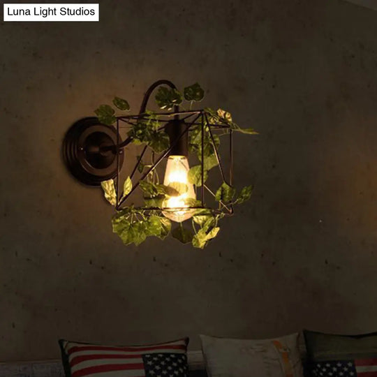 Industrial Diamond/Globe/Square Metal Led Wall Lamp Sconce In Black With Plant - 1 Light Fixture