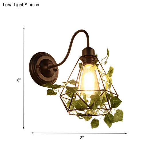 Industrial Diamond/Globe/Square Metal Led Wall Lamp Sconce In Black With Plant - 1 Light Fixture