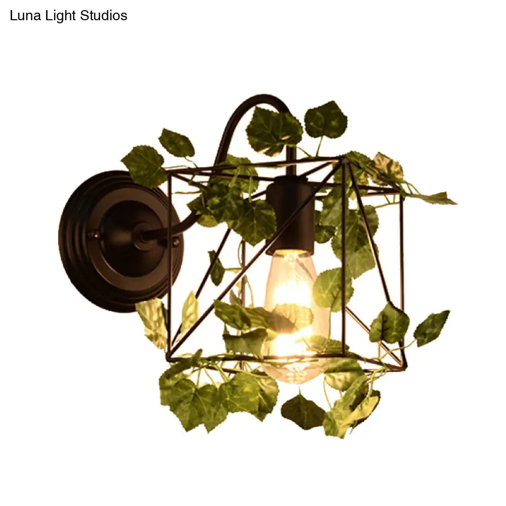 Industrial Diamond/Globe/Square Metal Led Wall Lamp Sconce In Black With Plant - 1 Light Fixture