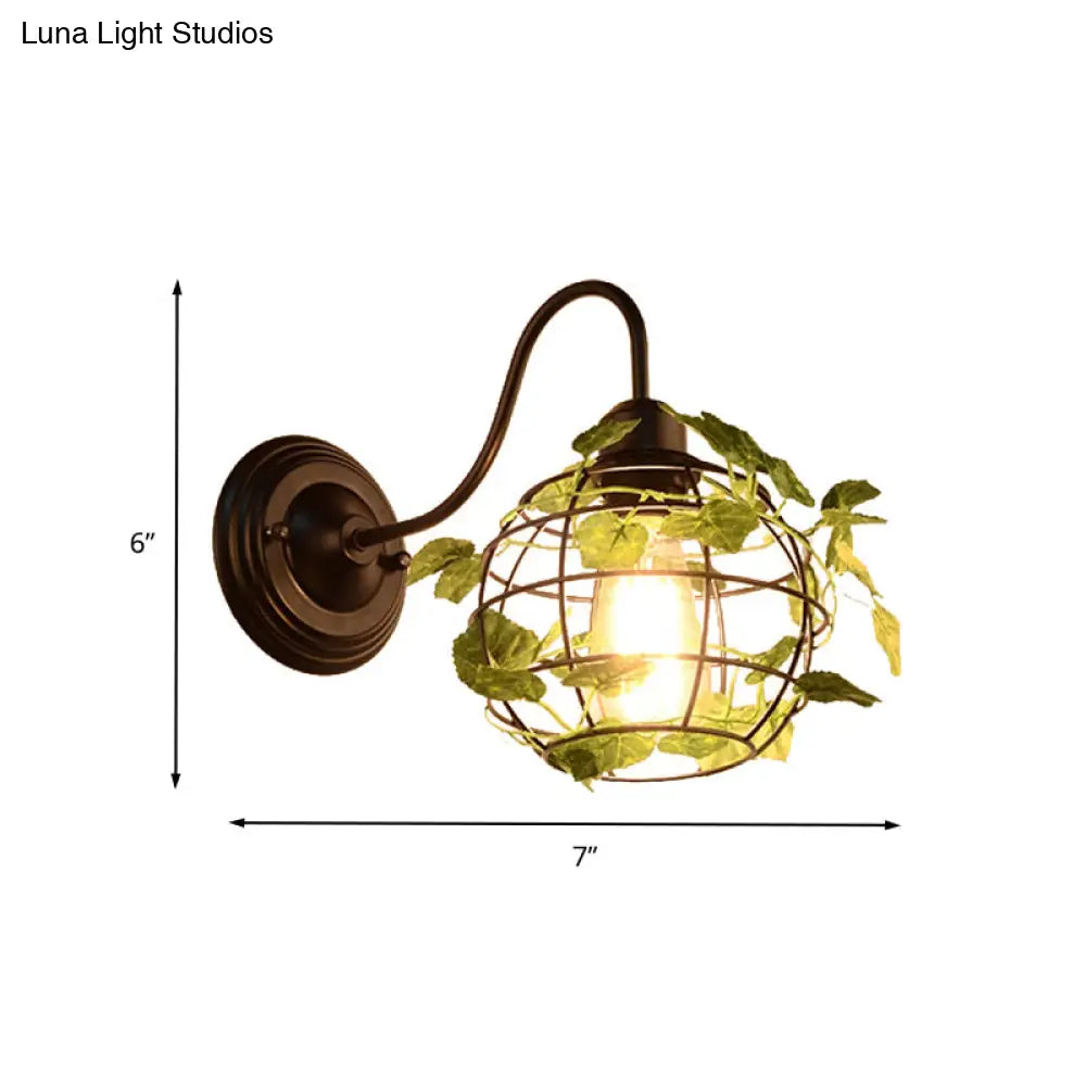 Industrial Diamond/Globe/Square Metal Led Wall Lamp Sconce In Black With Plant - 1 Light Fixture