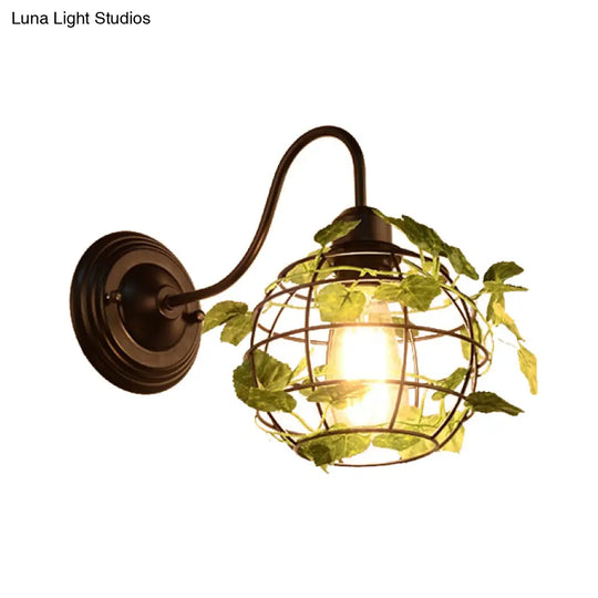 Industrial Diamond/Globe/Square Metal Led Wall Lamp Sconce In Black With Plant - 1 Light Fixture