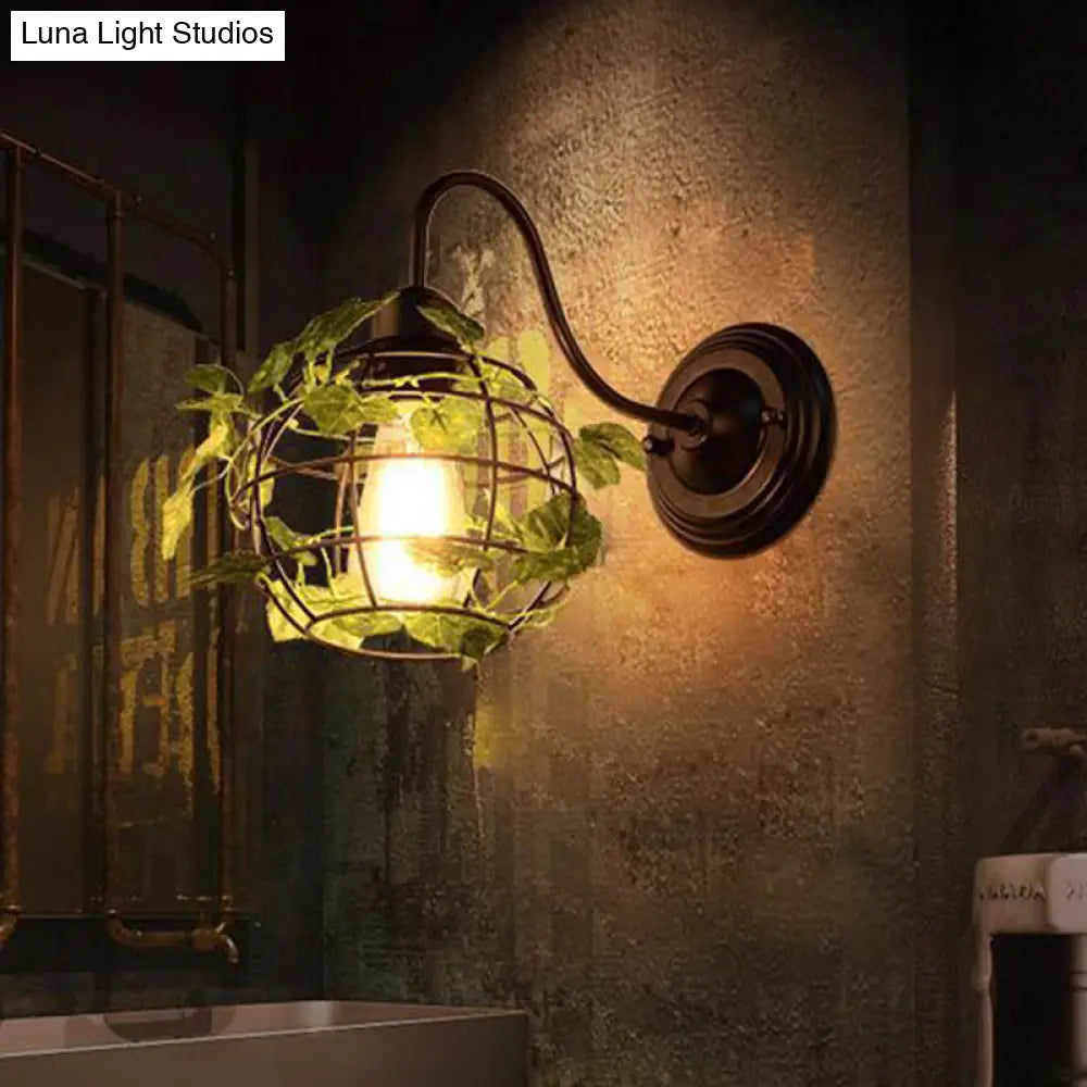 Industrial Diamond/Globe/Square Metal Led Wall Lamp Sconce In Black With Plant - 1 Light Fixture