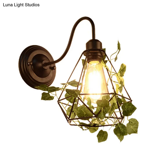 Industrial Diamond/Globe/Square Metal Led Wall Lamp Sconce In Black With Plant - 1 Light Fixture