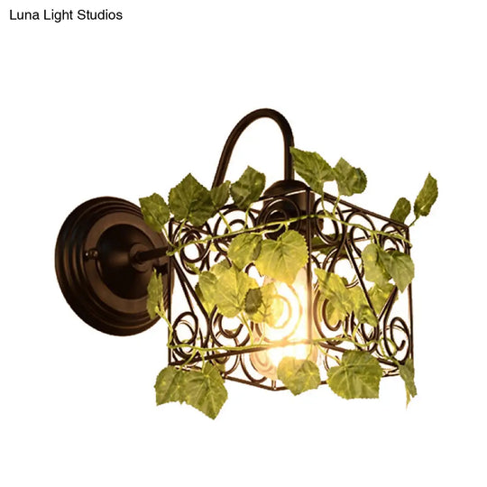 Industrial Diamond/Globe/Square Metal Led Wall Lamp Sconce In Black With Plant - 1 Light Fixture