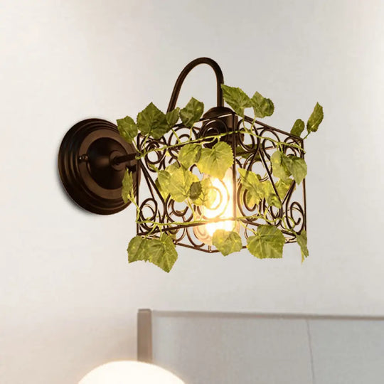 Industrial Diamond/Globe/Square Metal Led Wall Lamp Sconce In Black With Plant - 1 Light Fixture / D