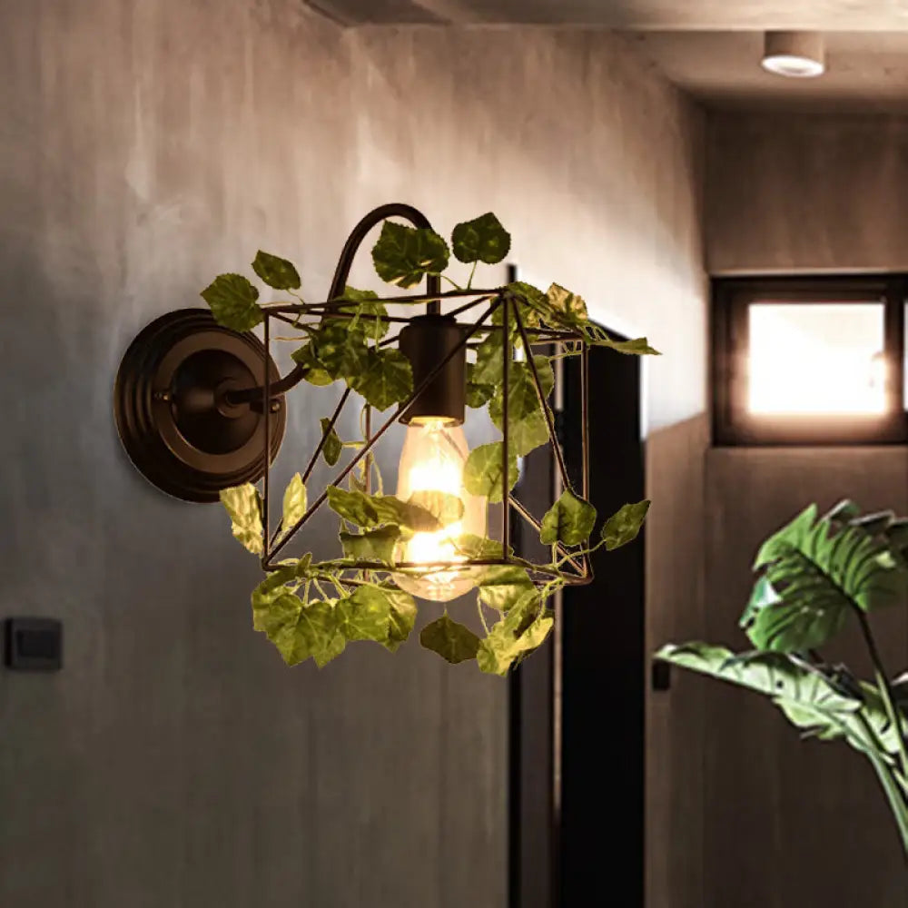 Industrial Diamond/Globe/Square Metal Led Wall Lamp Sconce In Black With Plant - 1 Light Fixture / E