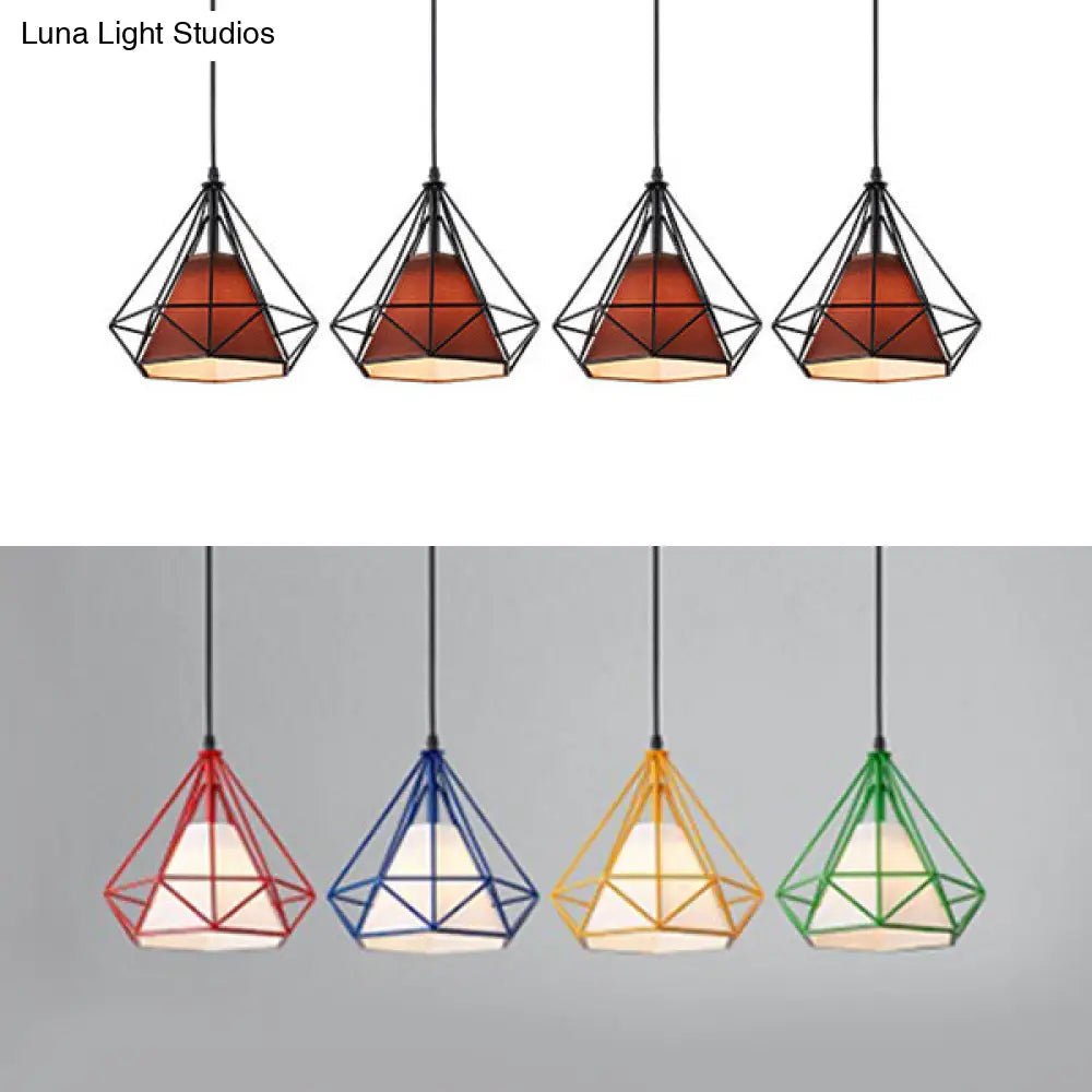 Industrial Diamond Wire Cage Pendant Light With Multi-Colored Shade - 5 Lights