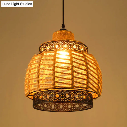 Industrial Pendant Lighting With Beige Geometry Rope Shade - Perfect For Dining Rooms / A