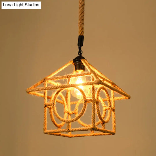 Industrial Pendant Lighting With Beige Geometry Rope Shade - Perfect For Dining Rooms / F