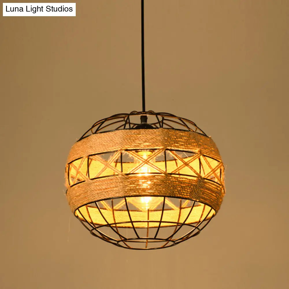 Industrial Pendant Lighting With Beige Geometry Rope Shade - Perfect For Dining Rooms / H