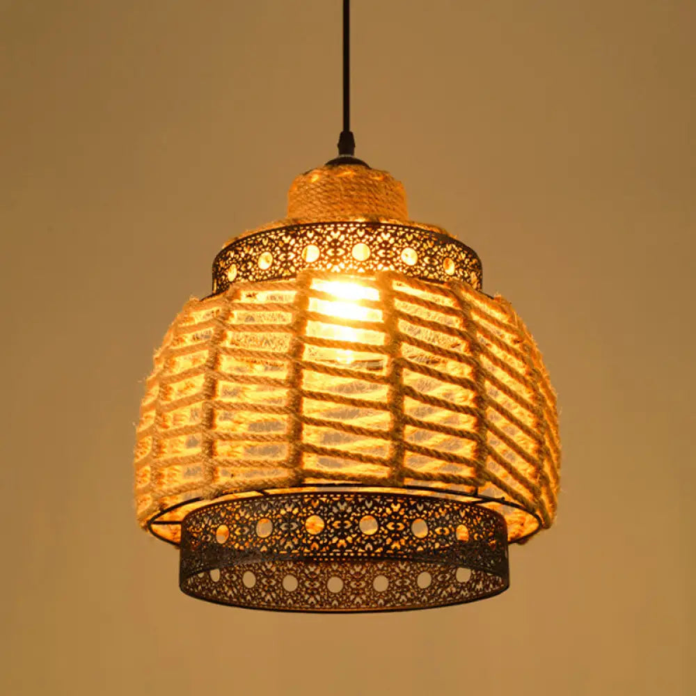 Industrial Dining Pendant Light With Beige Geometry Rope Shade / A