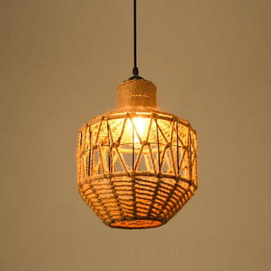 Industrial Dining Pendant Light With Beige Geometry Rope Shade / D