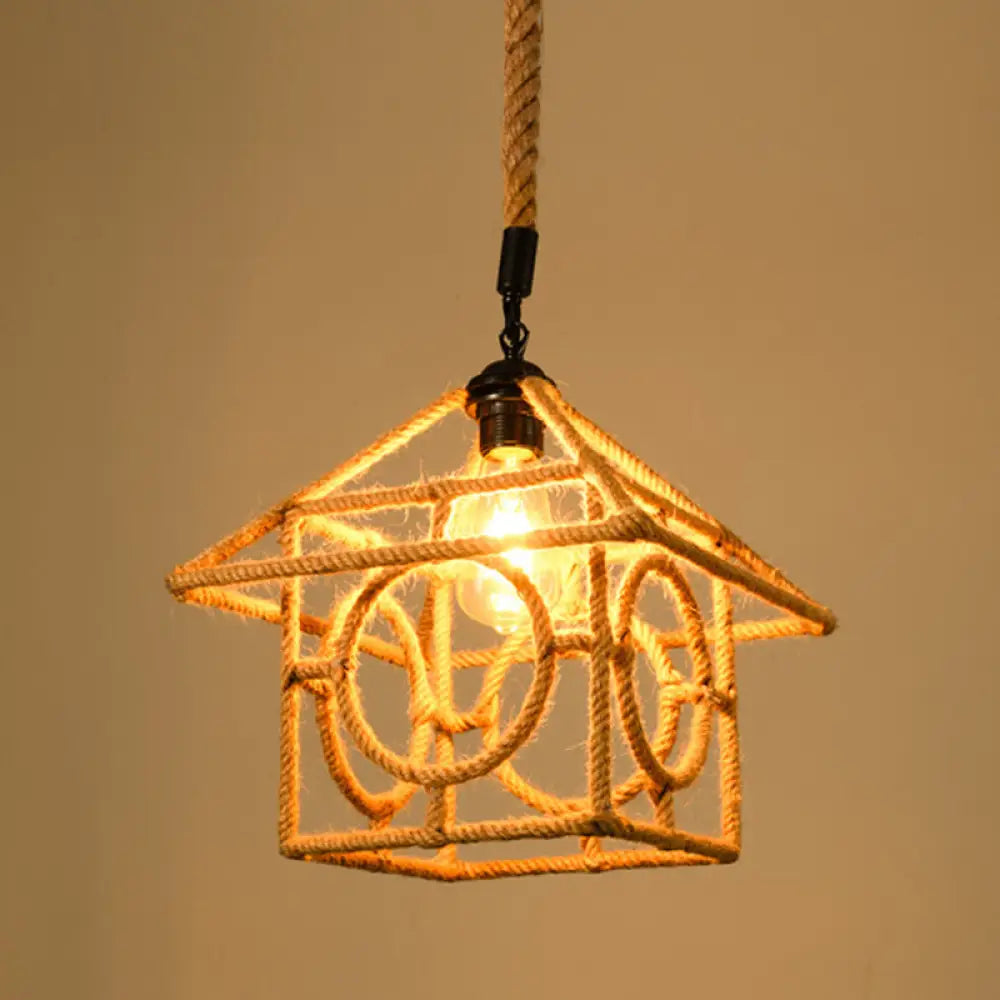 Industrial Dining Pendant Light With Beige Geometry Rope Shade / F