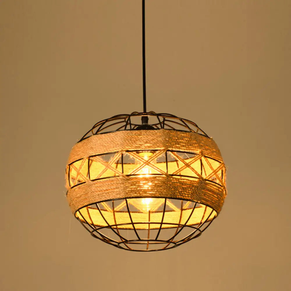Industrial Dining Pendant Light With Beige Geometry Rope Shade / H