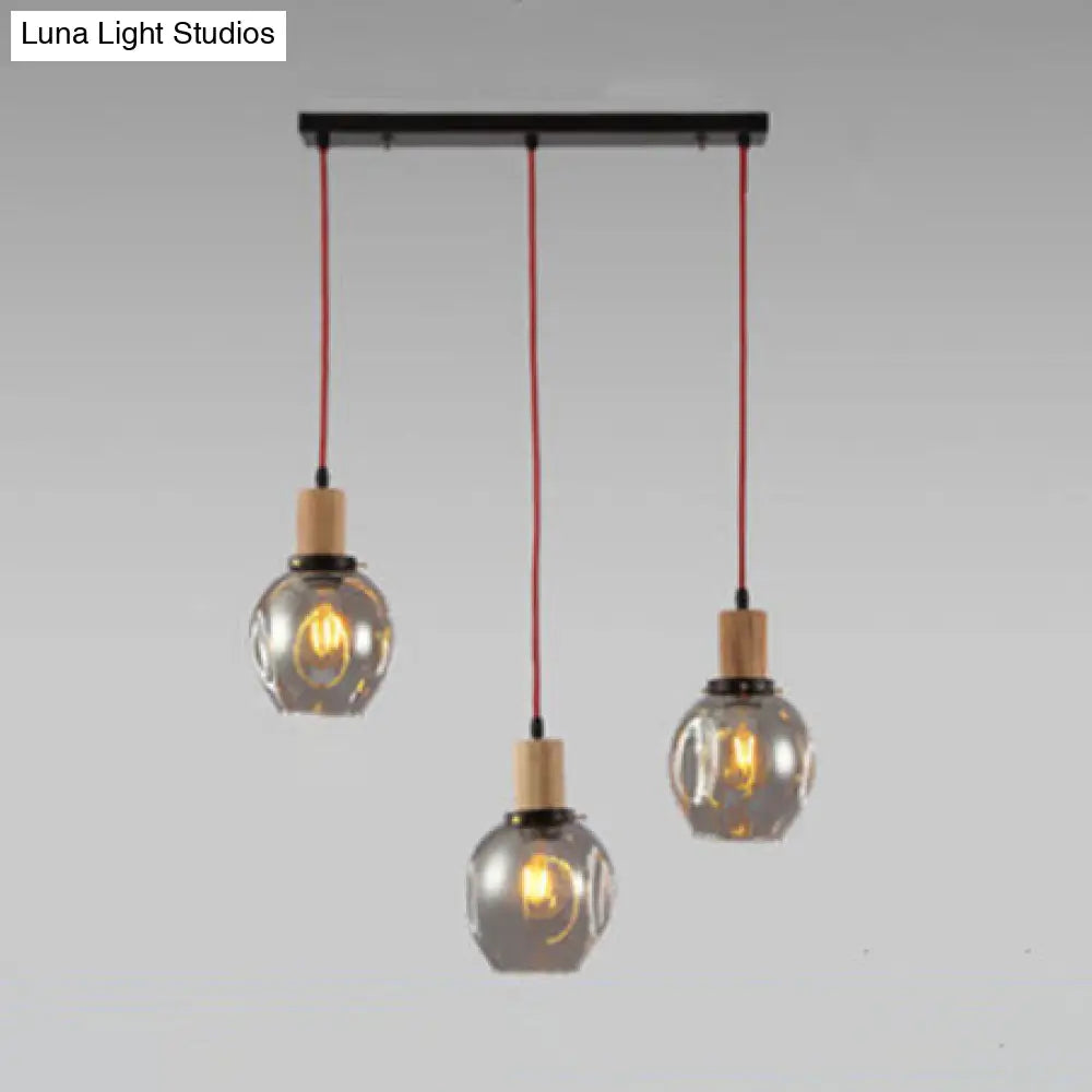 Industrial Dining Room Pendant: 3-Light Hanging Light With Blown Glass Bubble Shades In Clear Amber