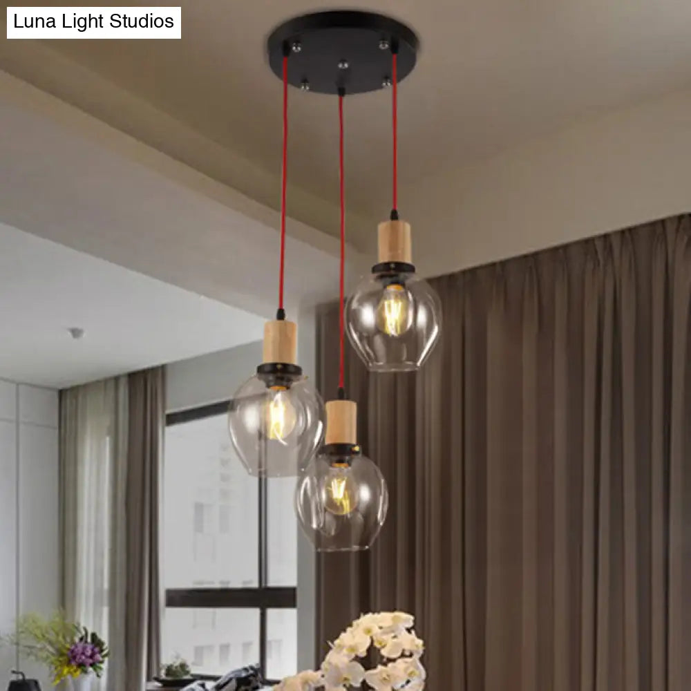 Industrial Dining Room Pendant: 3-Light Hanging Light With Blown Glass Bubble Shades In Clear Amber