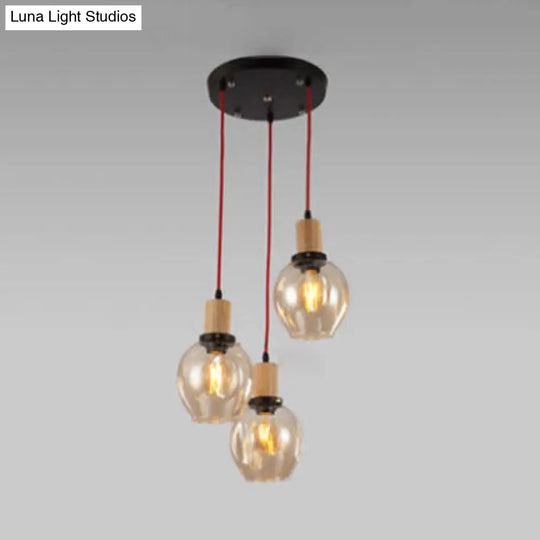 Industrial Dining Room Pendant: 3-Light Hanging Light With Blown Glass Bubble Shades In Clear Amber