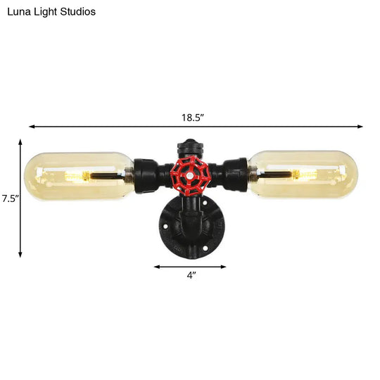 Industrial Dining Room Wall Sconce Lighting Fixture In Black - Amber Glass Capsule With Pipe Design