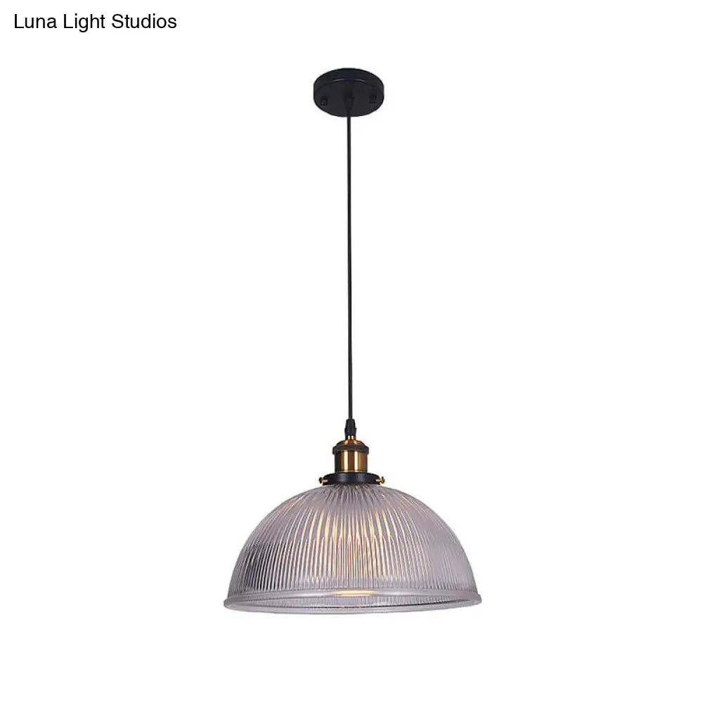 Industrial Dome Clear Ribbed Glass Hanging Pendant Light For Restaurant - Single Ceiling Fixture