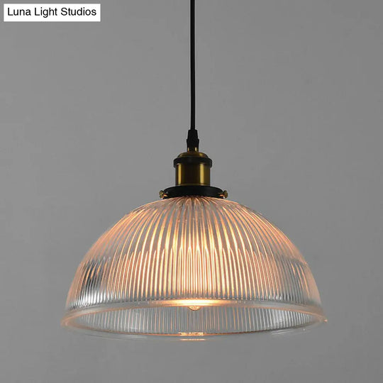 Industrial Dome Clear Ribbed Glass Hanging Pendant Light For Restaurant - Single Ceiling Fixture