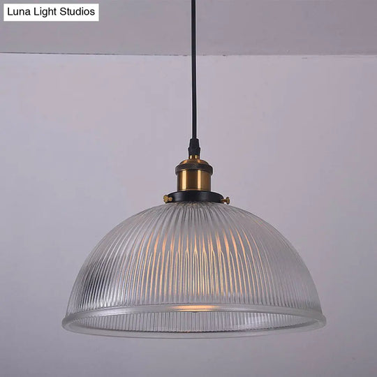 Industrial Dome Clear Ribbed Glass Hanging Pendant Light For Restaurant - Single Ceiling Fixture