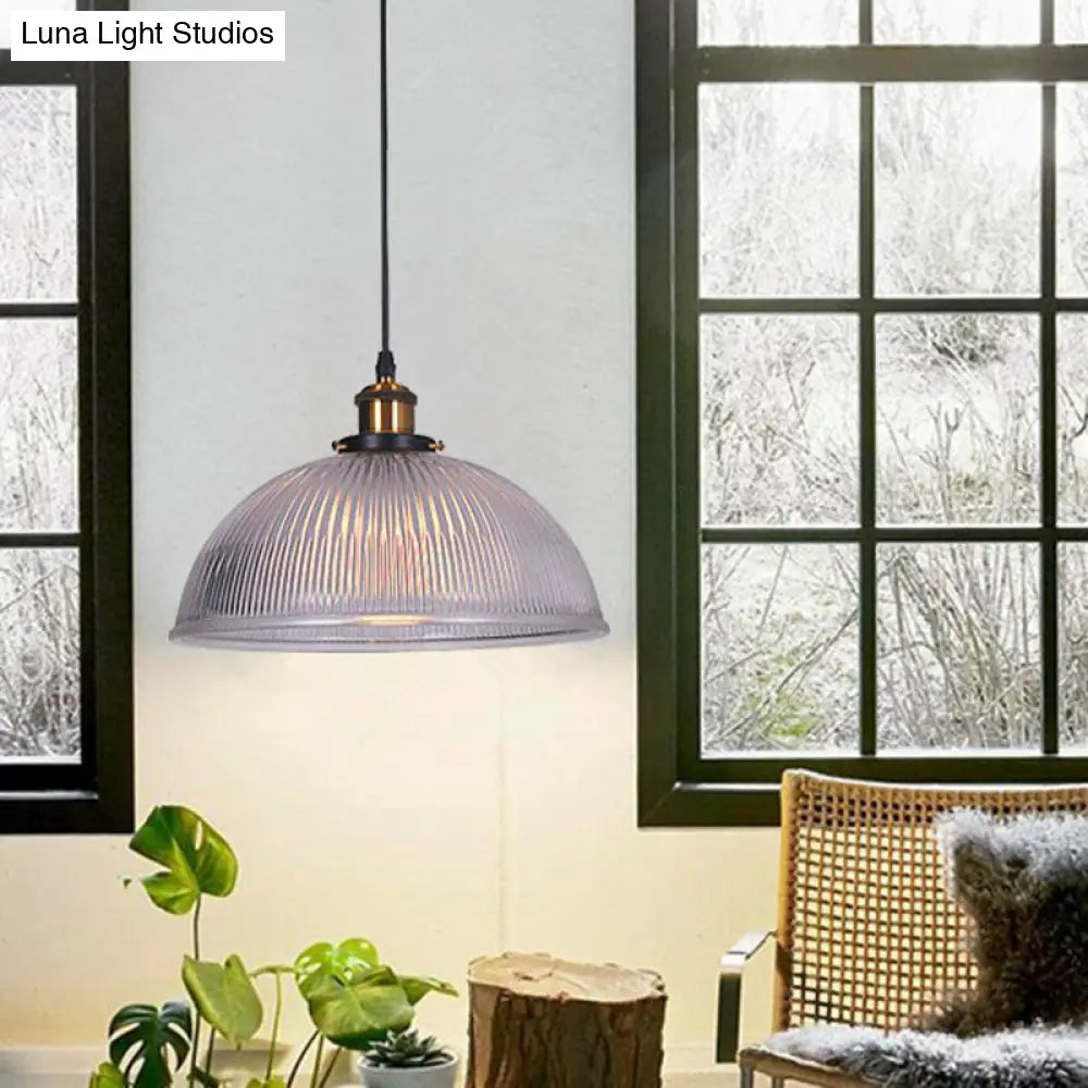 Industrial Dome Clear Ribbed Glass Hanging Pendant Light For Restaurant - Single Ceiling Fixture