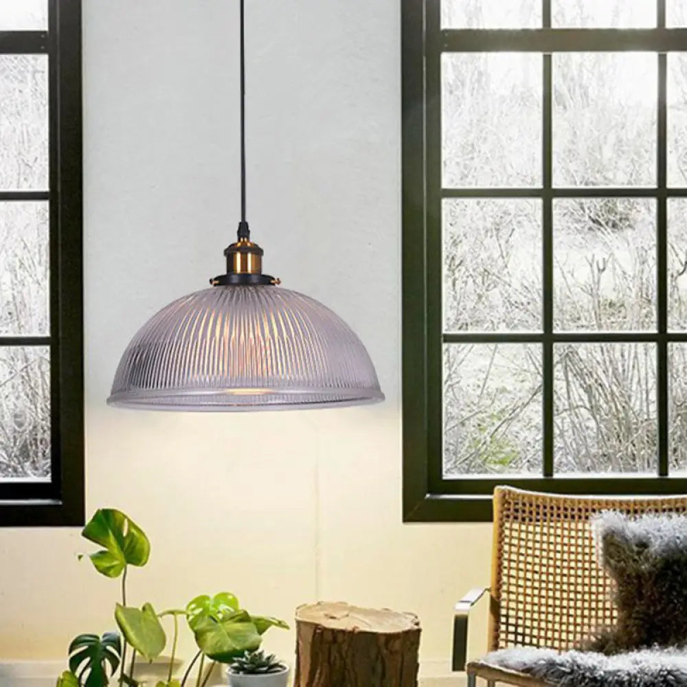Industrial Dome Clear Ribbed Glass Hanging Pendant Light - Perfect For Restaurants