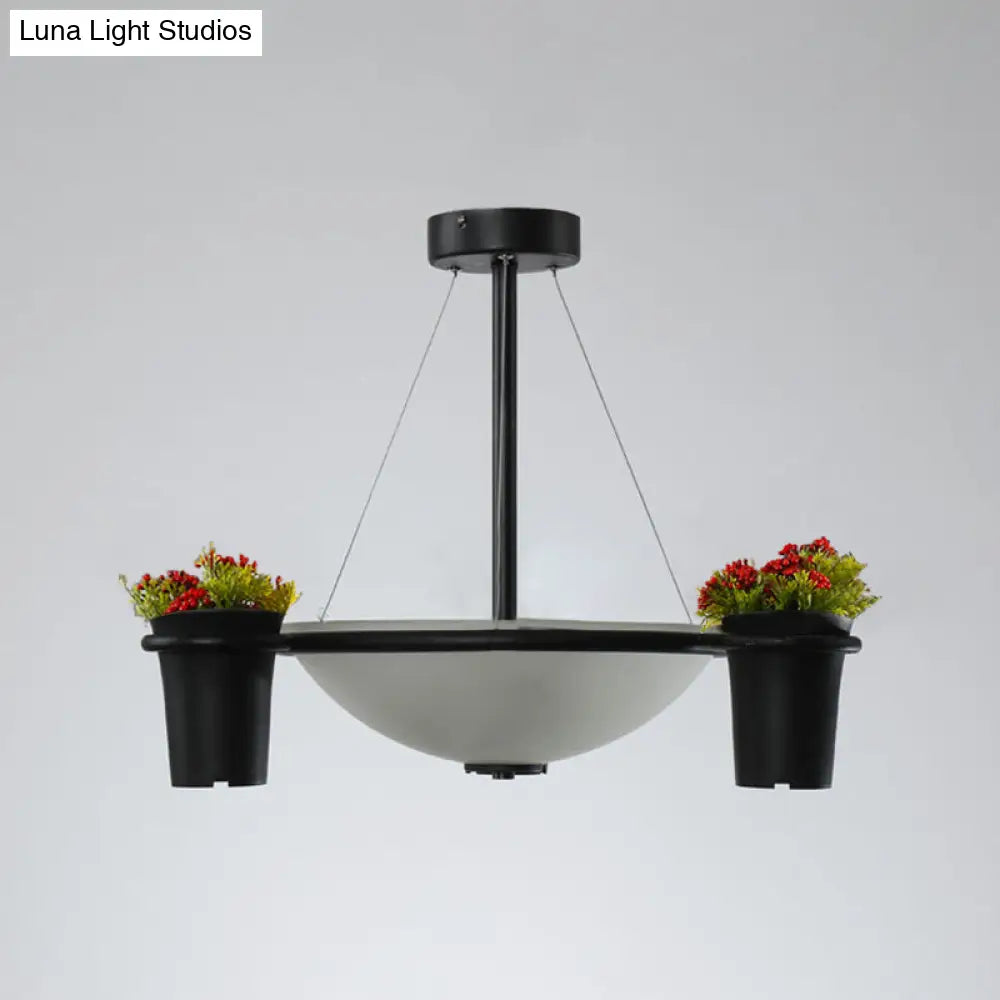 Industrial Dome Glass Pendant Chandelier With 3 Lights - White Black And Potted Plant Accent For