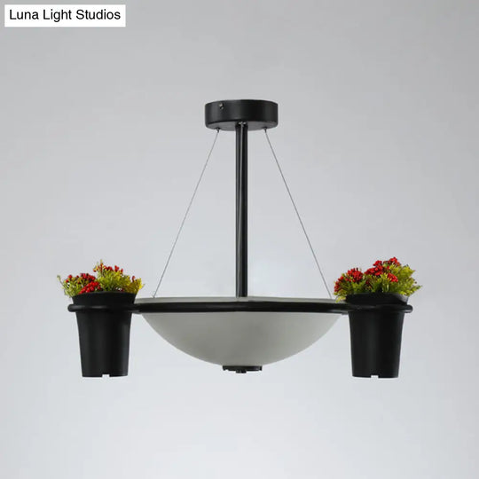 Industrial Dome Glass Pendant Chandelier With 3 Lights - White Black And Potted Plant Accent For