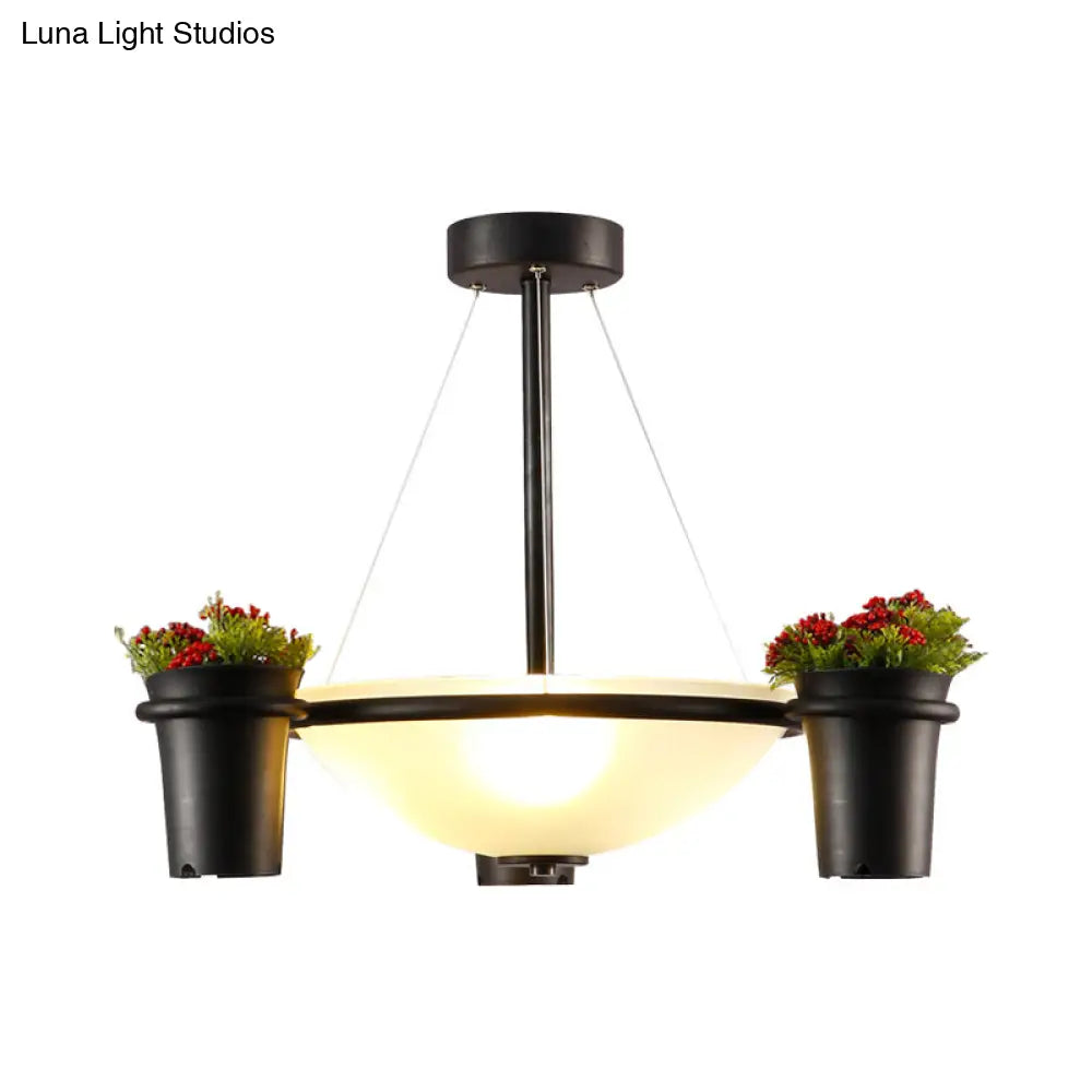 Industrial Dome Glass Pendant Chandelier With 3 Lights - White Black And Potted Plant Accent For
