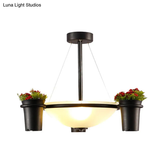 Industrial Dome Glass Pendant Chandelier With 3 Lights - White Black And Potted Plant Accent For