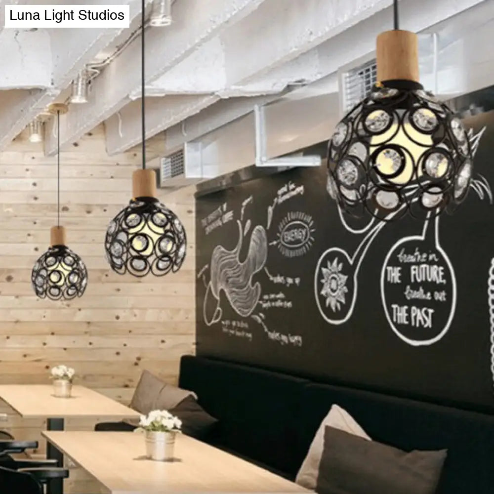 Industrial Dome Ceiling Light With Clear Crystal Bead Deco Pendant In Black/White For Restaurant