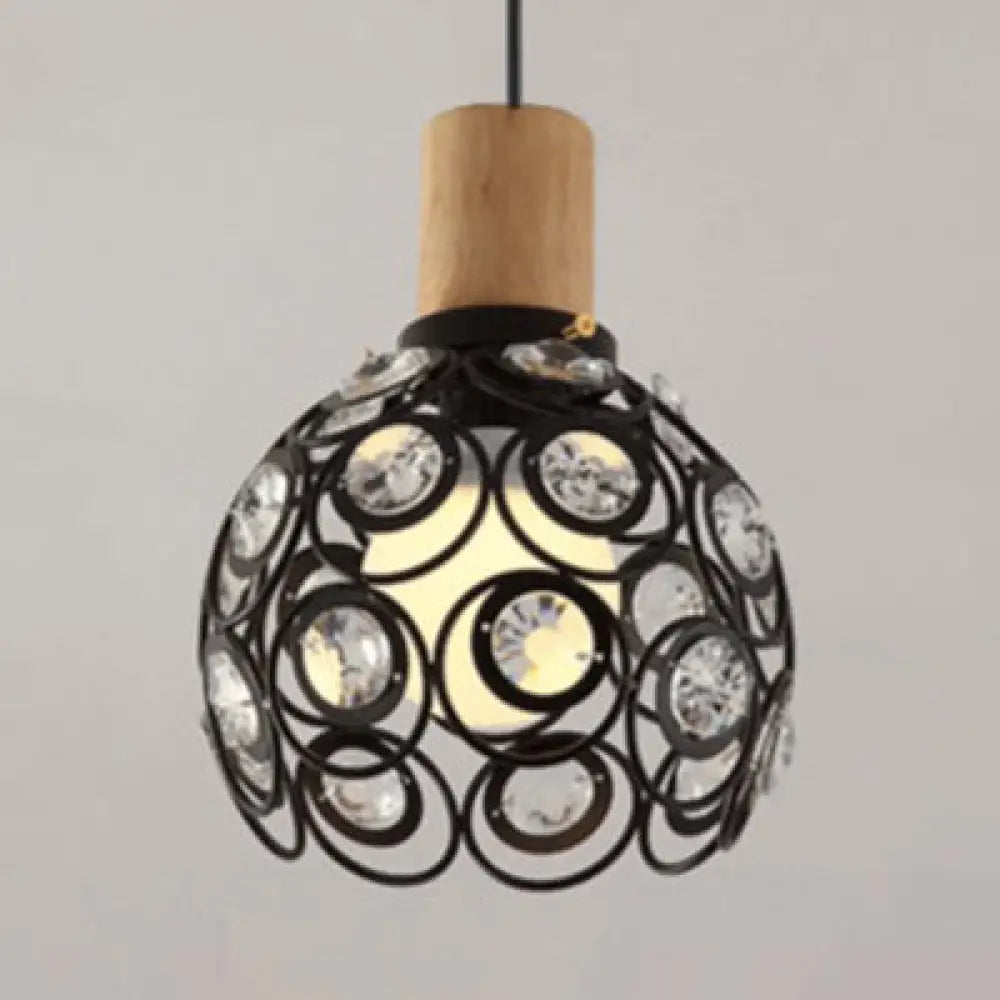 Industrial Dome Hanging Ceiling Light With Crystal Bead Deco - 1 Head Pendant In Black/White For